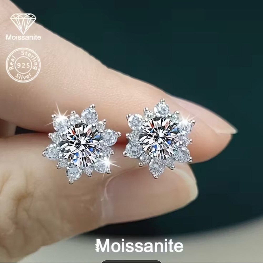 Moissanite Snowflake Stud Earrings - Sterling Silver - White